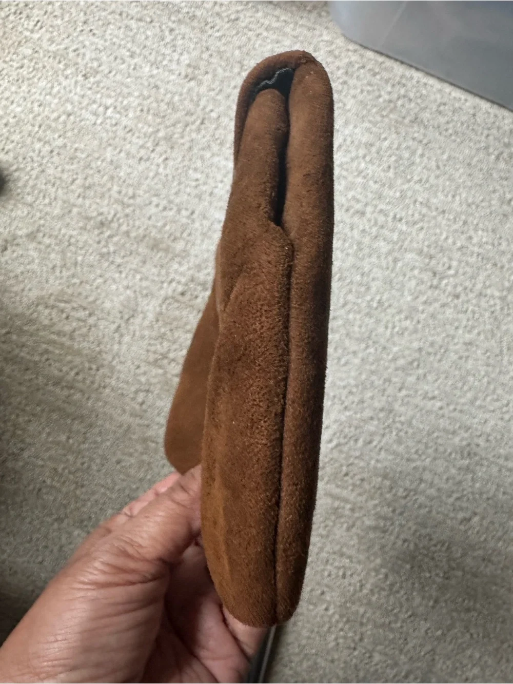 Vintage Brown Suede Envelope Clutch Handbag Gold Tone Accent Bar Metal Clasp